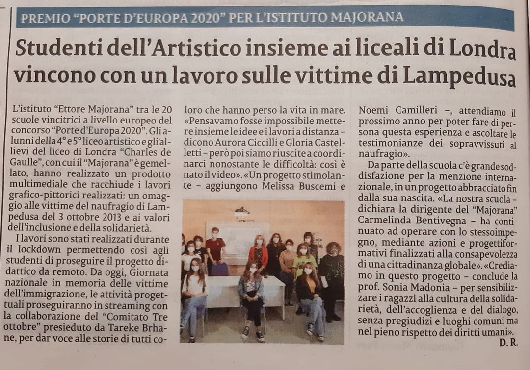 PREMIO “PORTE D’EUROPA 2020” PER L’ISTITUTO MAJORANA