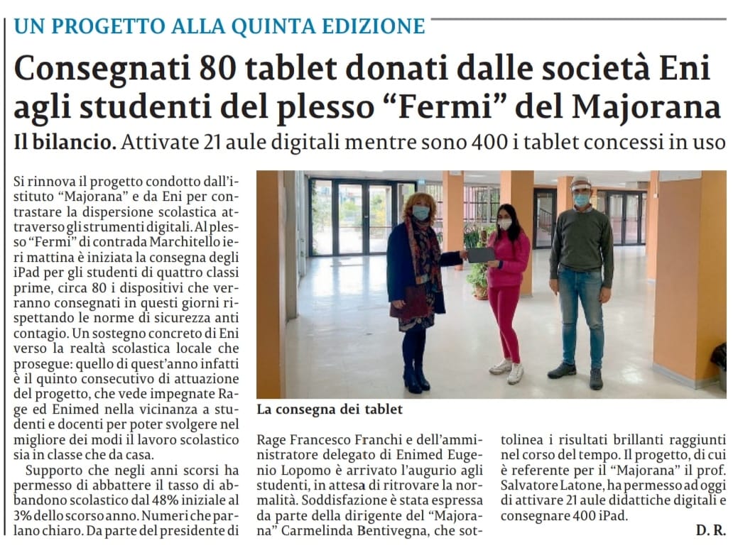 Consegnati 80 tablet donati dalle società Eni agli studenti del plesso “Fermi” del Majorana