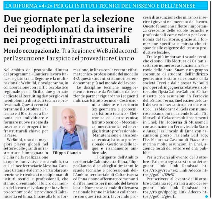 Due giornate per la selezione dei neodiplomati da inserire nei progetti infrastrutturali